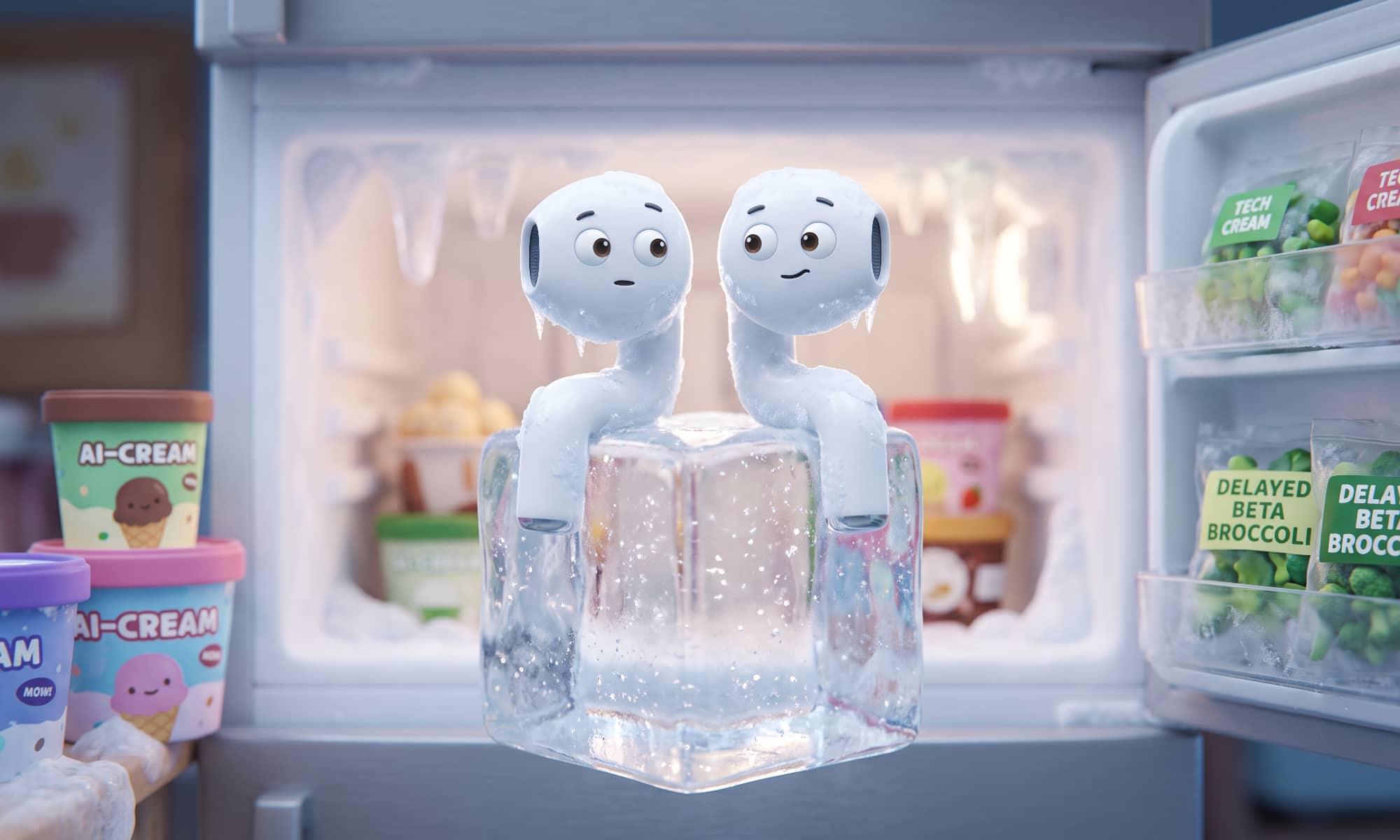 Whimsical cartoon animation visualization of a pair of white wireless earbuds, in the style of AirPods with large expressive eyes, perched on top of a single, clear, frosted ice cube inside a very cold domestic freezer compartment. The background is a frosted freezer interior.