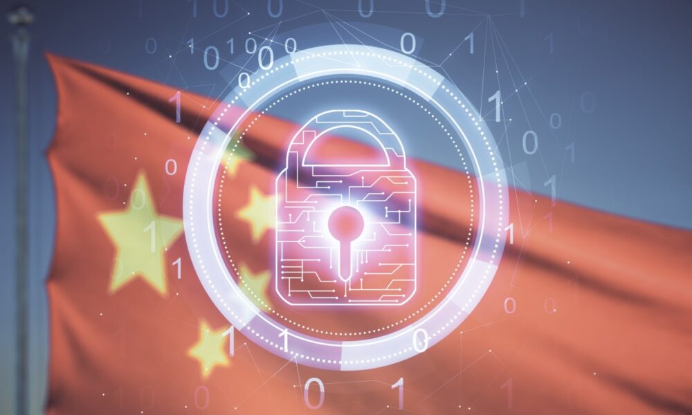 Image of Chinese flag with digital overlay of a lock depicting privacy