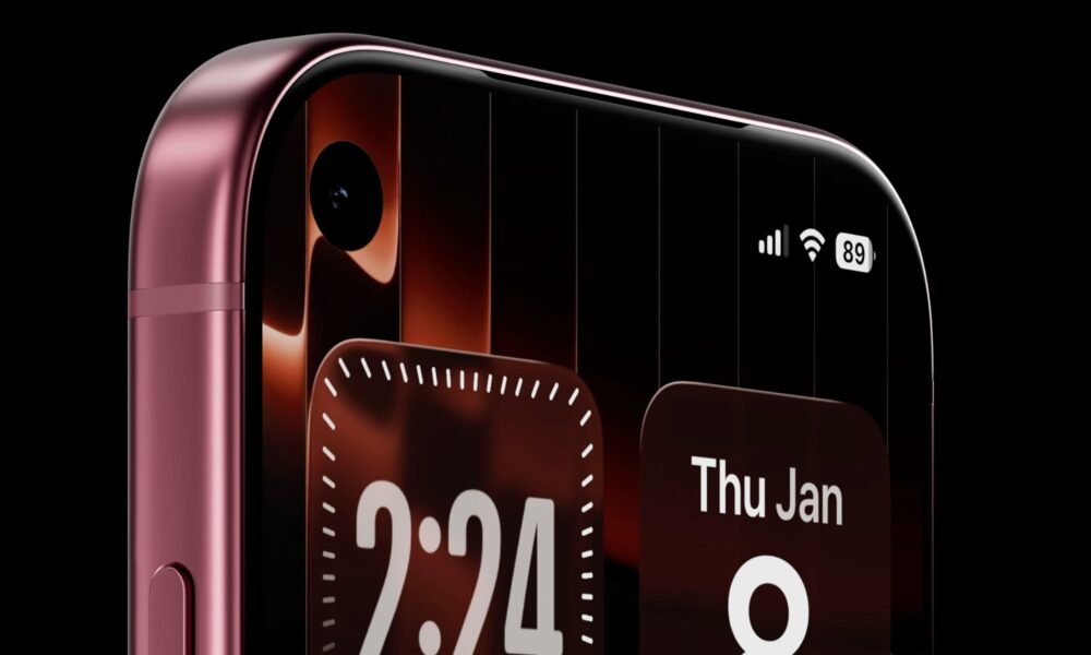 A concept render of the iPhone 18 Pro featuring a top-left hole-punch front camera on a home screen running iOS 26 with the Liquid Glass design aesthetic.