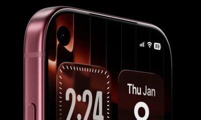 A concept render of the iPhone 18 Pro featuring a top-left hole-punch front camera on a home screen running iOS 26 with the Liquid Glass design aesthetic.