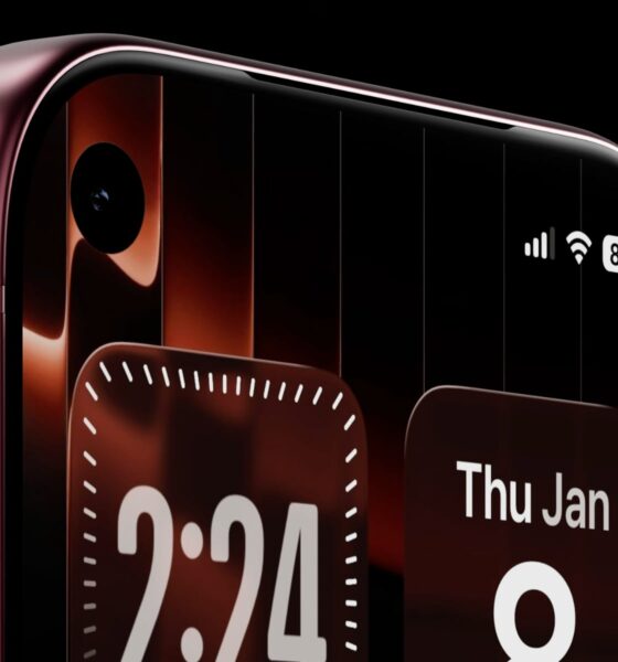 A concept render of the iPhone 18 Pro featuring a top-left hole-punch front camera on a home screen running iOS 26 with the Liquid Glass design aesthetic.