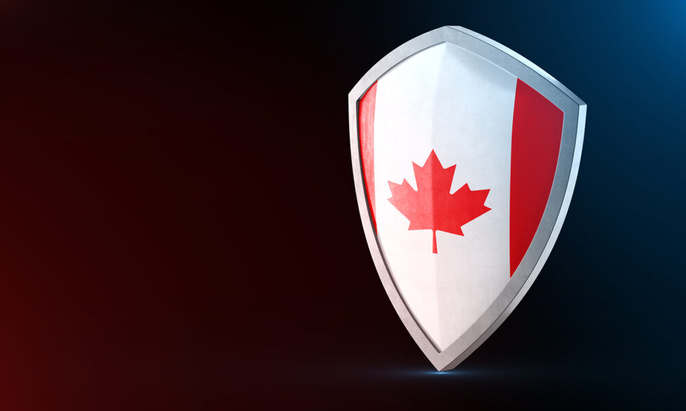 Canada is leveraging its abundant resources and innovation in advanced materials to address emerging threats and geopolitical challenges Protection shield and safeguard concept. Shiny steel armor painted as Canada national flag. Safety badge. Security label and Defense sign. Force and strong symbol. 3D rendering