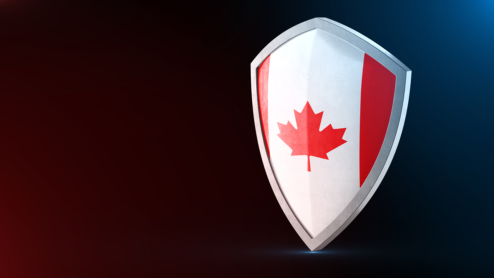 Canada is leveraging its abundant resources and innovation in advanced materials to address emerging threats and geopolitical challenges Protection shield and safeguard concept. Shiny steel armor painted as Canada national flag. Safety badge. Security label and Defense sign. Force and strong symbol. 3D rendering