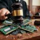 A wooden judge's desk showing a gavel coming down on a pile of memory chips.