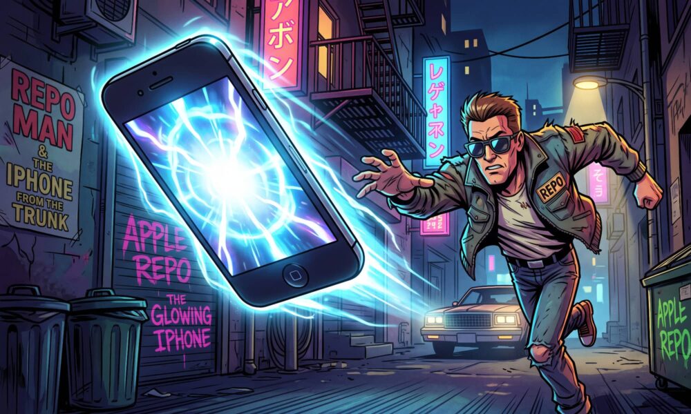 Action-style comic art of a man wearing sunglasses and a 'REPO' patch chasing a levitating, crackling iPhone that has a bright blue flash on its screen. The background is a dark urban alley with glowing Japanese and English neon signs.