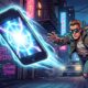 Action-style comic art of a man wearing sunglasses and a 'REPO' patch chasing a levitating, crackling iPhone that has a bright blue flash on its screen. The background is a dark urban alley with glowing Japanese and English neon signs.