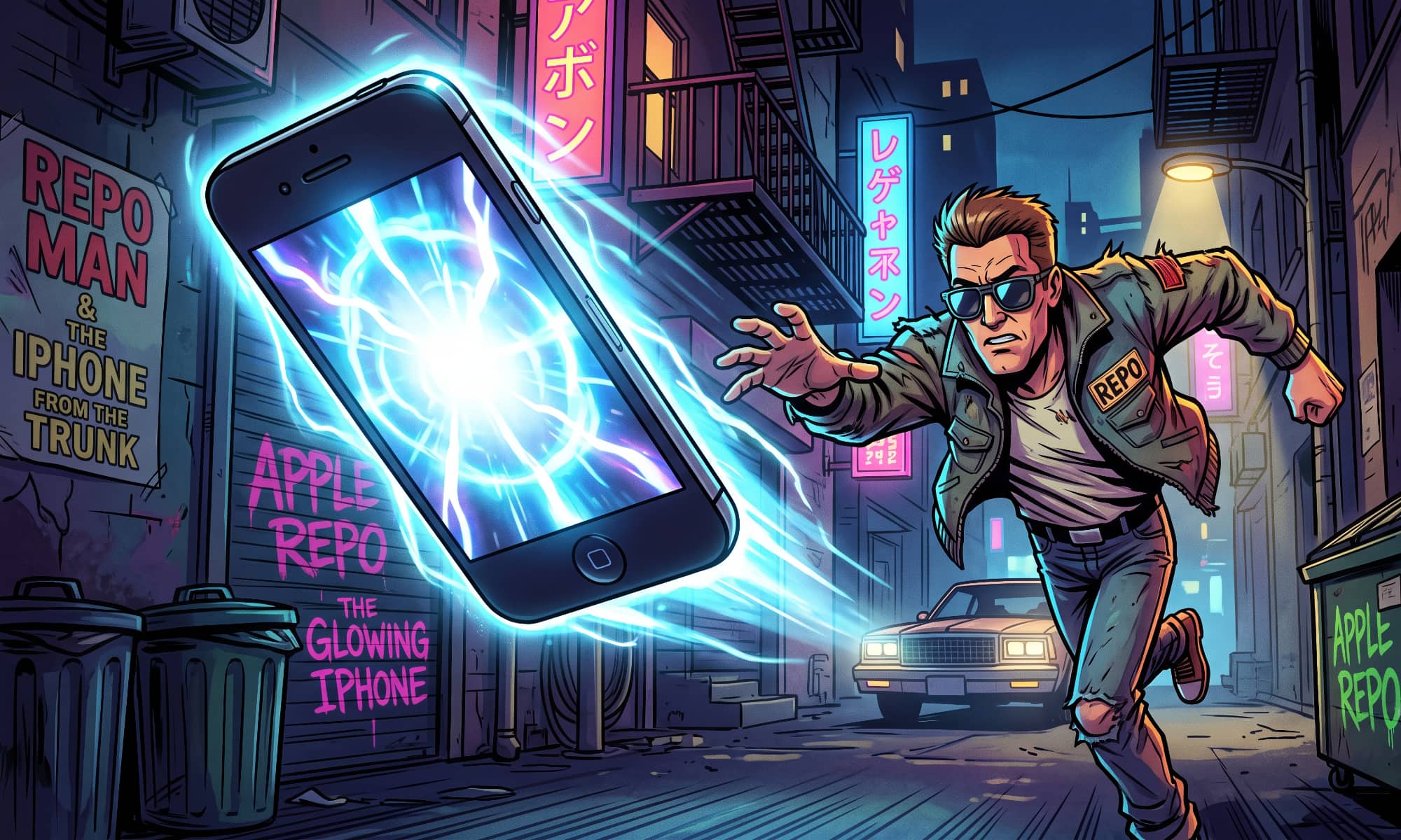Action-style comic art of a man wearing sunglasses and a 'REPO' patch chasing a levitating, crackling iPhone that has a bright blue flash on its screen. The background is a dark urban alley with glowing Japanese and English neon signs.
