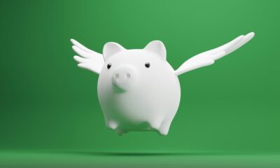 white piggy bank with wings on green background