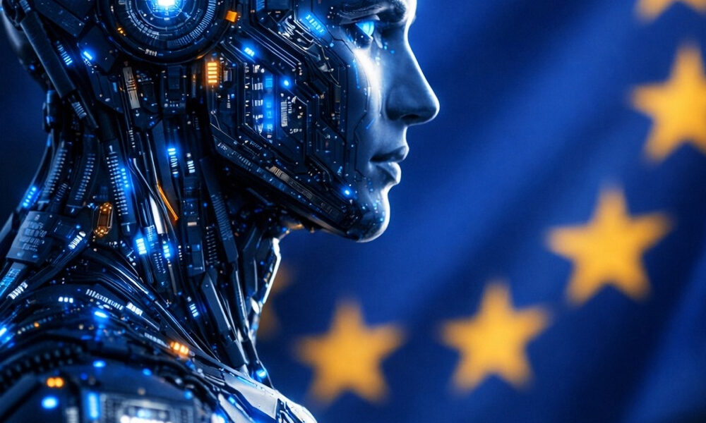 Futuristic humanoid AI figure made of glowing circuit boards and digital technology, shown in side profile against a blurred European Union flag background with golden stars. Advanced artificial intelligence concept, blue cybernetic body with illuminated microchips and data patterns, cinematic lighting, shallow depth of field, ultra-realistic style, high-tech atmosphere, futuristic European AI regulation and digital innovation theme, photorealistic details, dark blue color palette, sharp focus, 8K.