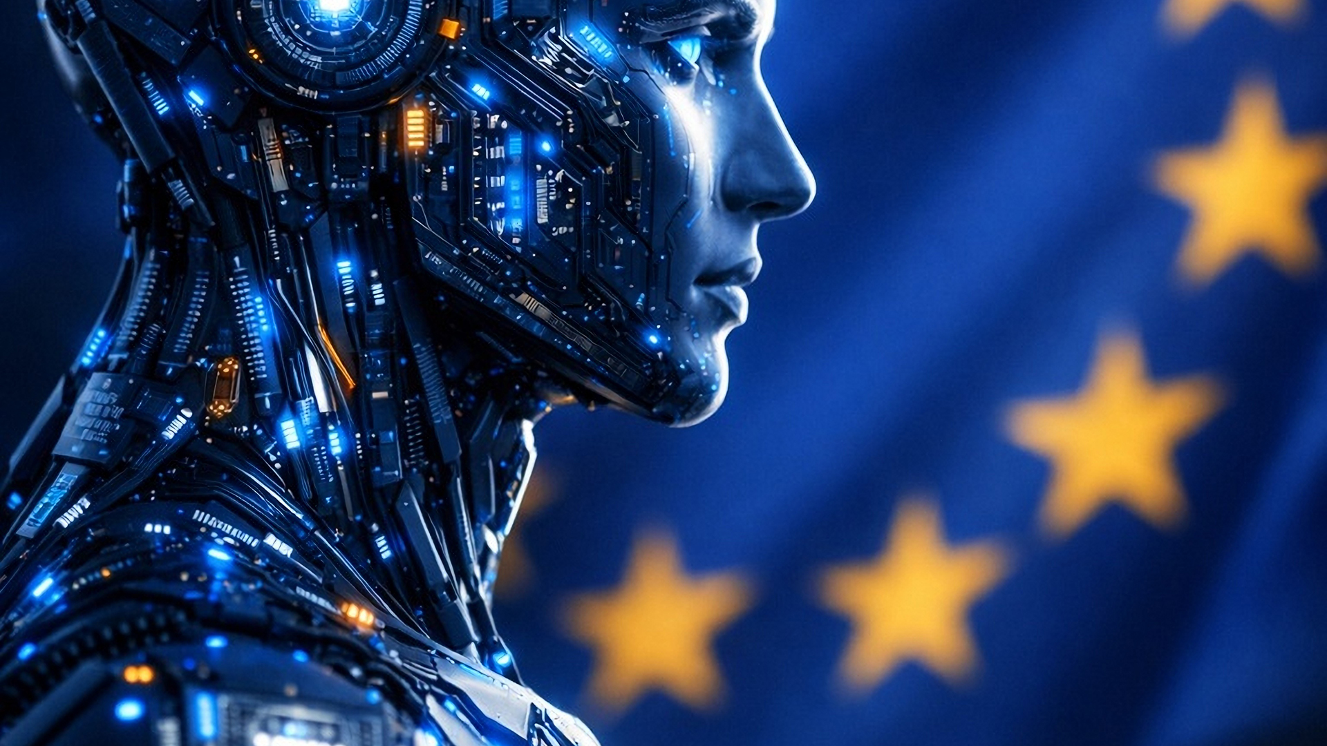 Futuristic humanoid AI figure made of glowing circuit boards and digital technology, shown in side profile against a blurred European Union flag background with golden stars. Advanced artificial intelligence concept, blue cybernetic body with illuminated microchips and data patterns, cinematic lighting, shallow depth of field, ultra-realistic style, high-tech atmosphere, futuristic European AI regulation and digital innovation theme, photorealistic details, dark blue color palette, sharp focus, 8K.