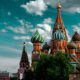 The colorful onion domes of St. Basil's Cathedral in Red Square, located adjacent to the Kremlin in Moscow.