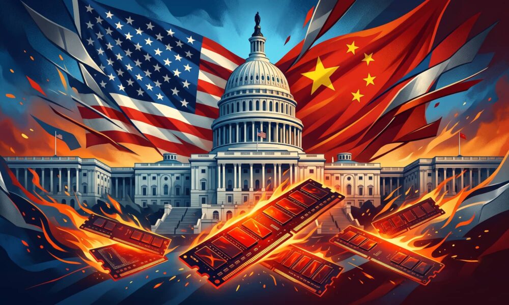 A conceptual illustration showing the US Capitol building flanked by waving American and Chinese flags, with several glowing, burning computer memory chips floating in the foreground.