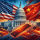 A conceptual illustration showing the US Capitol building flanked by waving American and Chinese flags, with several glowing, burning computer memory chips floating in the foreground.