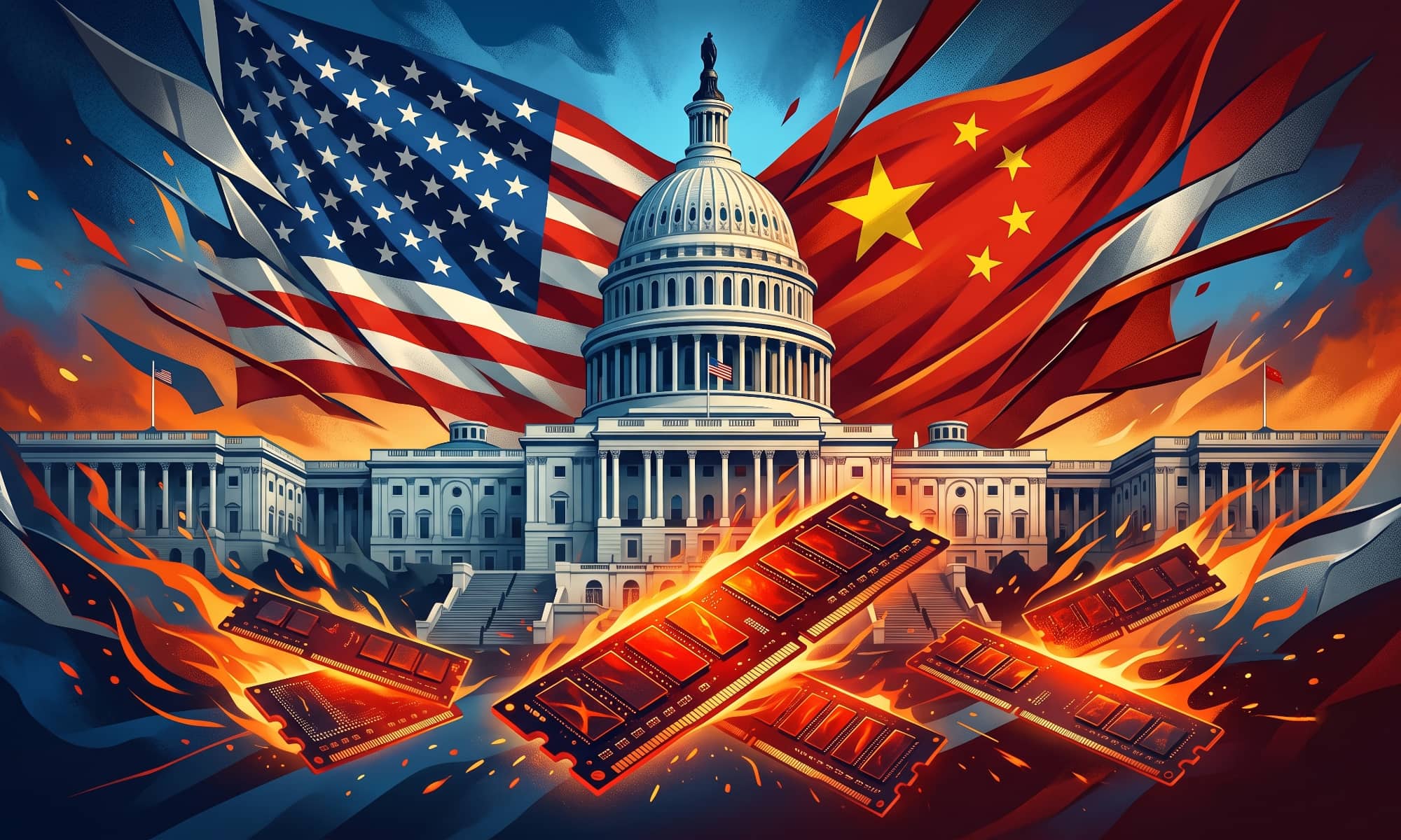 A conceptual illustration showing the US Capitol building flanked by waving American and Chinese flags, with several glowing, burning computer memory chips floating in the foreground.
