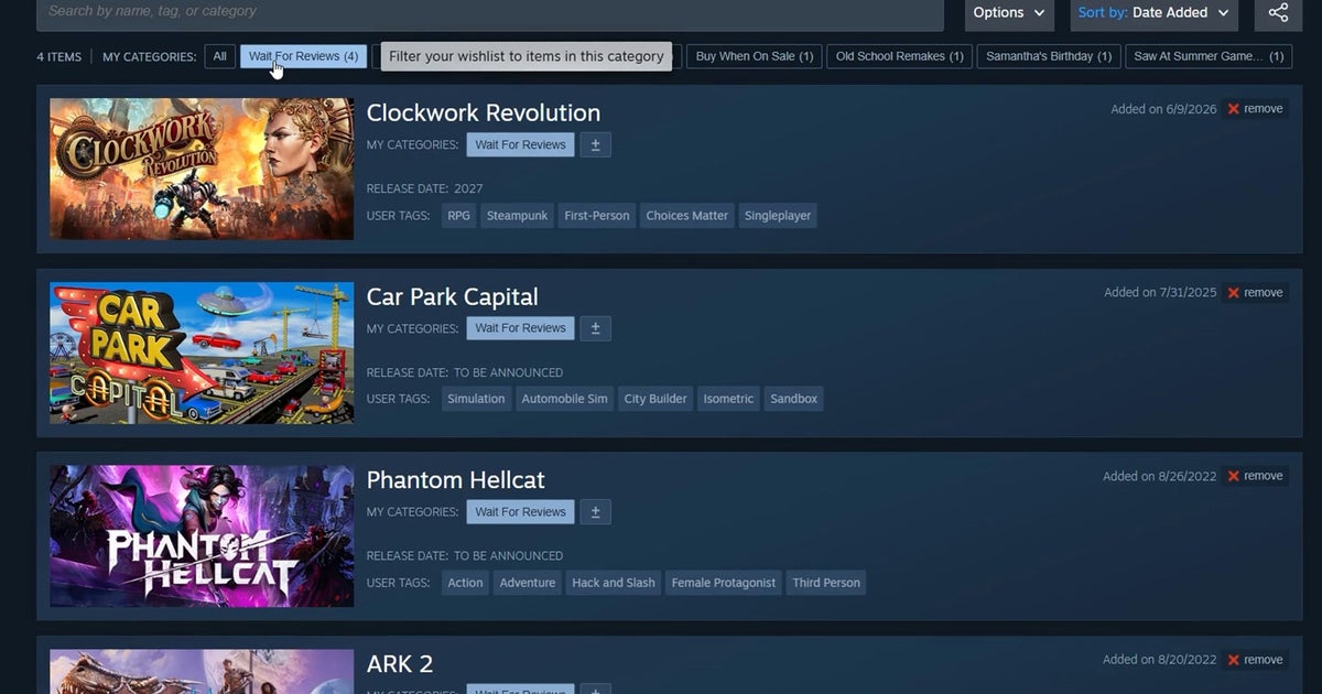 Steam wishlists are getting categories, making it even easier to organise all those games you'll definitely buy next sale
