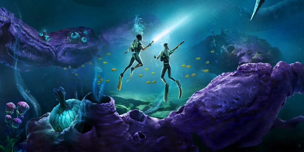 Subnautica 2 header keyart – two divers pointing off to the distance underwater