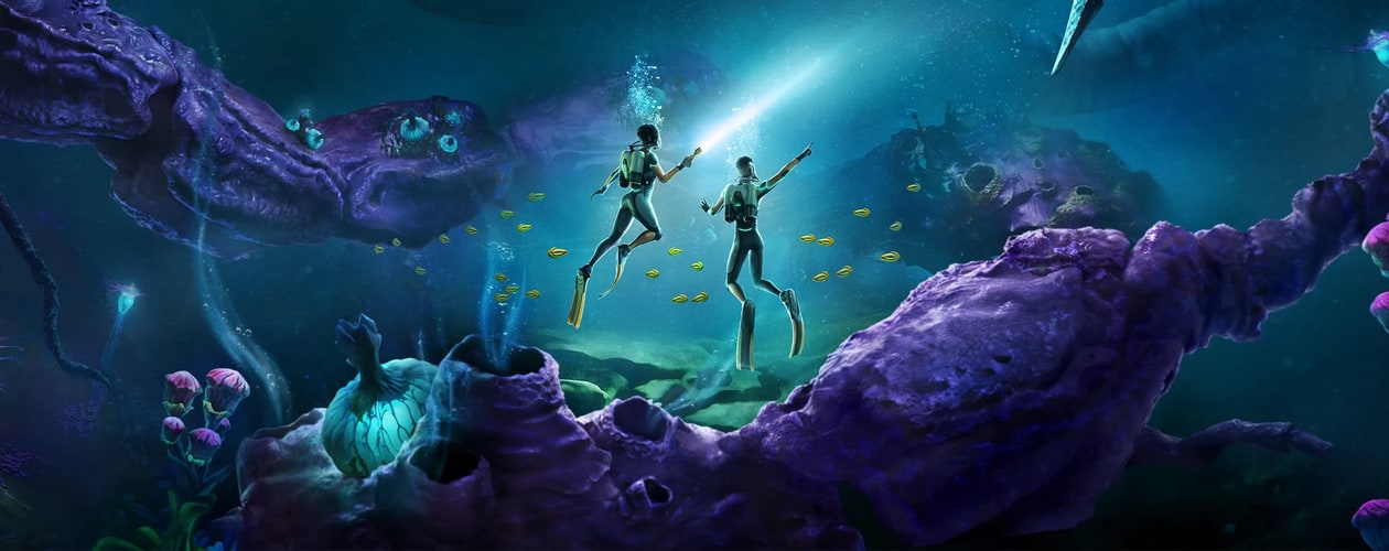 Subnautica 2 header keyart – two divers pointing off to the distance underwater