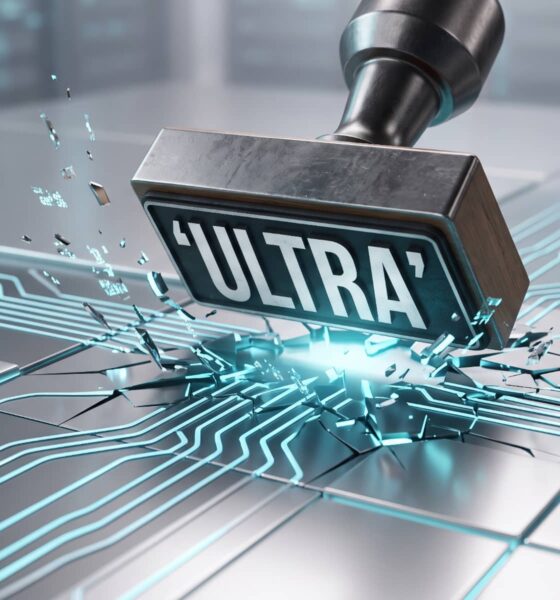 A conceptual image featuring a giant, abstract rubber stamp labeled 'ULTRA' (in bold, stylized text) being pressed down and distorting a sleek, futuristic glowing circuit grid. The stamp is too large for the system, visually breaking the clean technological surface. Clean white and metallic materials mix with cyan light. Landscape orientation.