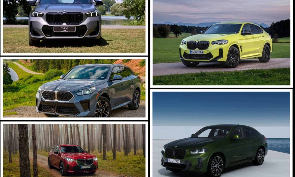 BMW SUV lineup front view including X1, X3, X4, and X2 in 2025 model year trims