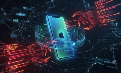An abstract digital art visualization showing an iPhone’s cyber defense. A glowing iPhone is protected by cool blue and green light barriers (representing encryption and iOS security), while aggressive crimson red and orange code streams and claw-like data structures (representing AI-powered hacking tools) attempt to breach its security in a dark futuristic digital space.