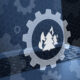 A 3D conceptual illustration showing a laptop computer combined with an overlay of a mechanical gear icon containing a burning tree symbol, representing environmental technology settings, climate data processing, or wildfire monitoring software.