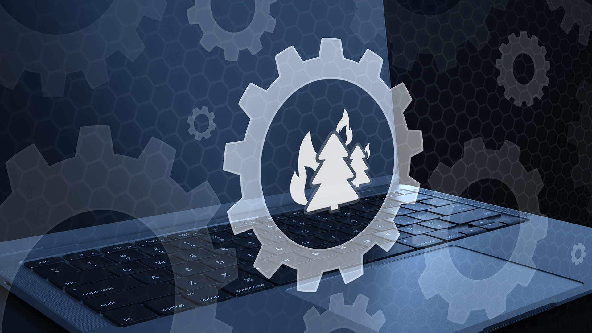 A 3D conceptual illustration showing a laptop computer combined with an overlay of a mechanical gear icon containing a burning tree symbol, representing environmental technology settings, climate data processing, or wildfire monitoring software.