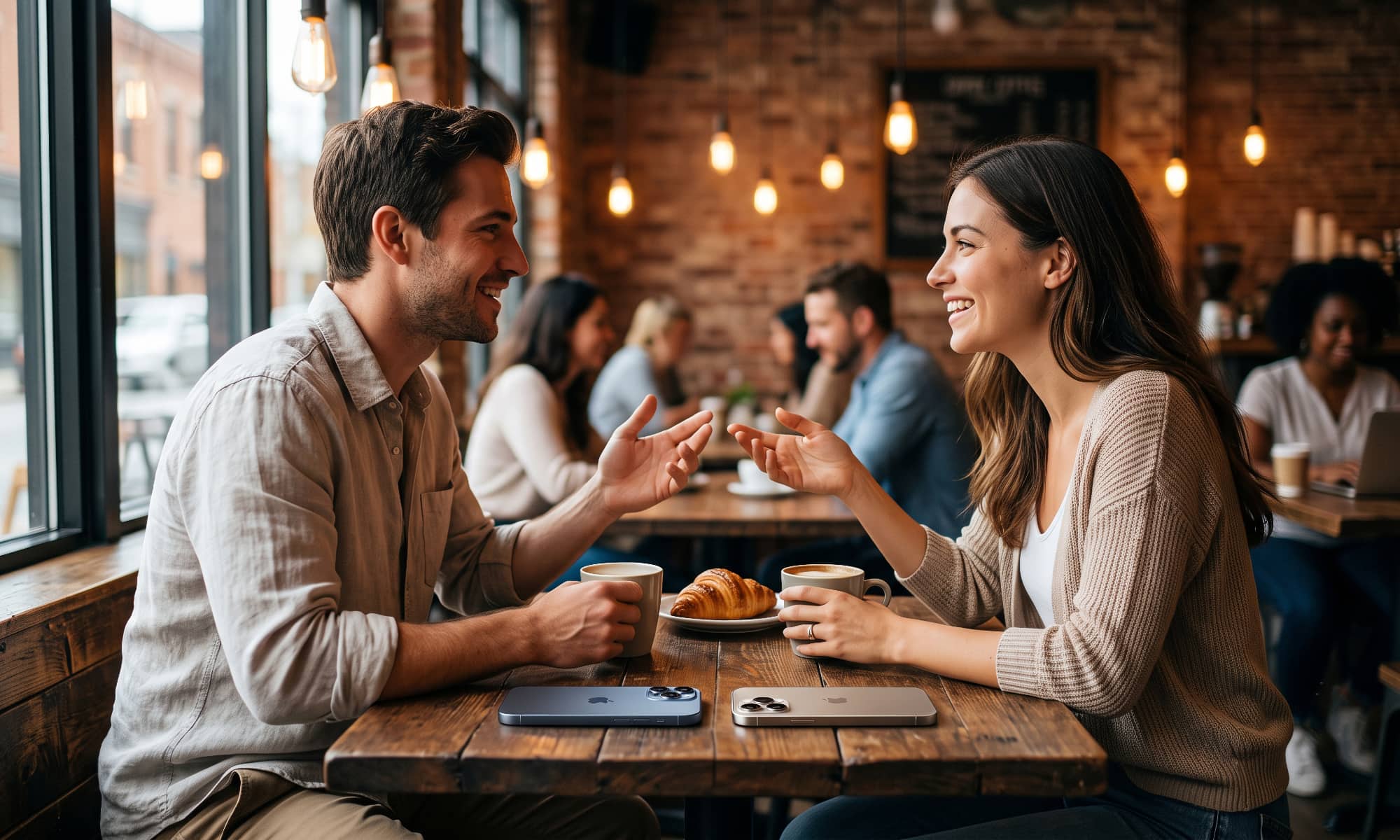 A man and woman laughing and talking in a cozy coffee shop with two iPhones lying face down on the table to reduce screen time.