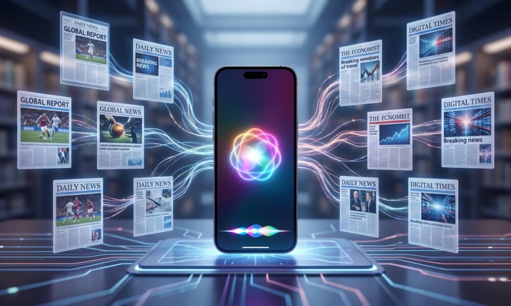 A conceptual illustration of an iPhone displaying the text 'Siri AI' and a colorful Apple Intelligence glowing waveform on its screen. The device rests on a futuristic circuit-board plinth, with glowing data streams connecting it to multiple floating digital newspaper pages with headlines like 'DAILY NEWS' and 'GLOBAL REPORT' in a library setting. This visual represents Apple’s partnerships with publishers to enhance Siri AI’s real-time knowledge base in iOS 27.