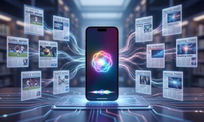 A conceptual illustration of an iPhone displaying the text 'Siri AI' and a colorful Apple Intelligence glowing waveform on its screen. The device rests on a futuristic circuit-board plinth, with glowing data streams connecting it to multiple floating digital newspaper pages with headlines like 'DAILY NEWS' and 'GLOBAL REPORT' in a library setting. This visual represents Apple’s partnerships with publishers to enhance Siri AI’s real-time knowledge base in iOS 27.