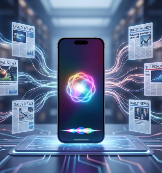 A conceptual illustration of an iPhone displaying the text 'Siri AI' and a colorful Apple Intelligence glowing waveform on its screen. The device rests on a futuristic circuit-board plinth, with glowing data streams connecting it to multiple floating digital newspaper pages with headlines like 'DAILY NEWS' and 'GLOBAL REPORT' in a library setting. This visual represents Apple’s partnerships with publishers to enhance Siri AI’s real-time knowledge base in iOS 27.