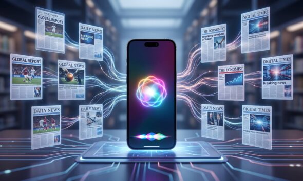 A conceptual illustration of an iPhone displaying the text 'Siri AI' and a colorful Apple Intelligence glowing waveform on its screen. The device rests on a futuristic circuit-board plinth, with glowing data streams connecting it to multiple floating digital newspaper pages with headlines like 'DAILY NEWS' and 'GLOBAL REPORT' in a library setting. This visual represents Apple’s partnerships with publishers to enhance Siri AI’s real-time knowledge base in iOS 27.