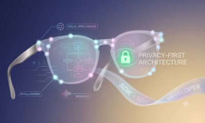 Abstract visual illustration of Apple smart glasses concept artwork, displaying transparent frame schematics overlaid with glowing UI nodes highlighting "Visual Intelligence," "Siri/Audio," "SDK Developer," and a glowing green padlock symbol representing "Privacy-First Architecture."