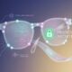 Abstract visual illustration of Apple smart glasses concept artwork, displaying transparent frame schematics overlaid with glowing UI nodes highlighting "Visual Intelligence," "Siri/Audio," "SDK Developer," and a glowing green padlock symbol representing "Privacy-First Architecture."