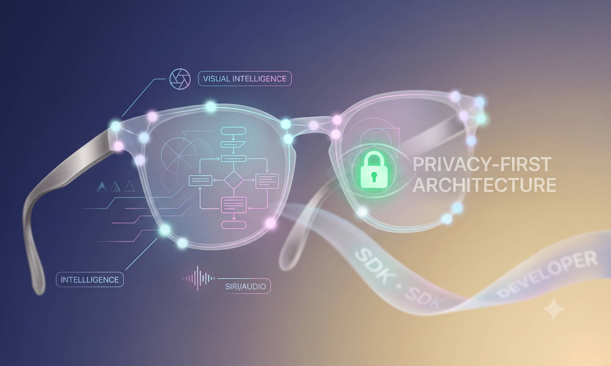 Abstract visual illustration of Apple smart glasses concept artwork, displaying transparent frame schematics overlaid with glowing UI nodes highlighting "Visual Intelligence," "Siri/Audio," "SDK Developer," and a glowing green padlock symbol representing "Privacy-First Architecture."
