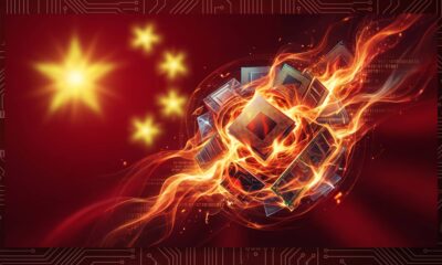Abstract digital graphic showing glowing RAM modules and computer chips engulfed in fiery digital code against a stylized red background with gold stars inspired by the Chinese flag.