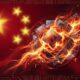 Abstract digital graphic showing glowing RAM modules and computer chips engulfed in fiery digital code against a stylized red background with gold stars inspired by the Chinese flag.