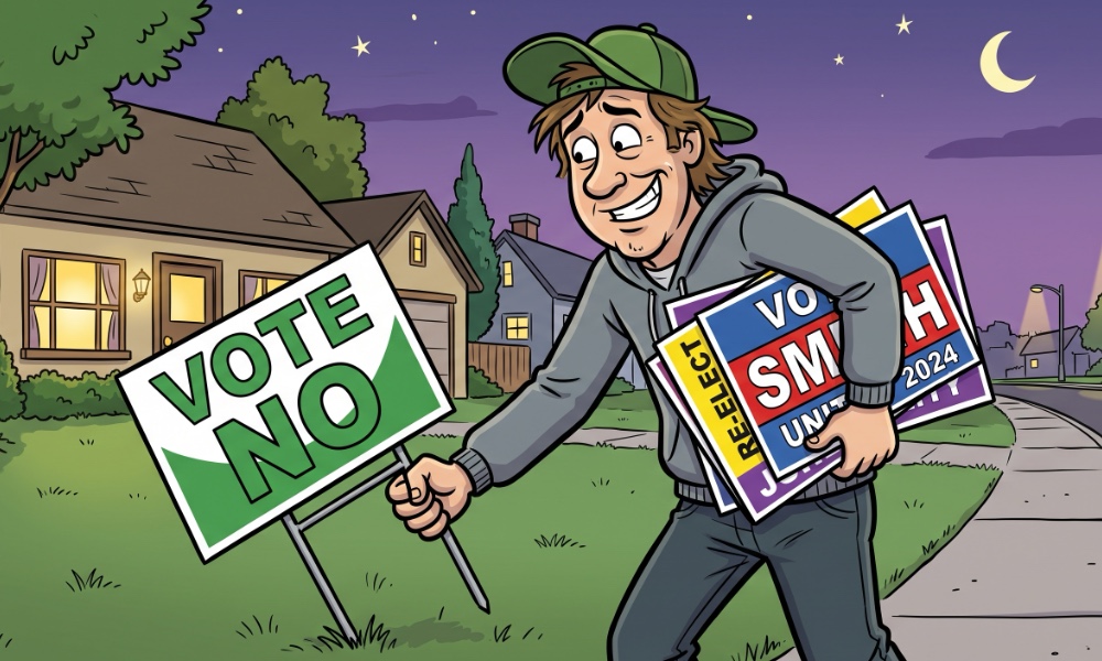 man stealing campaign signs
