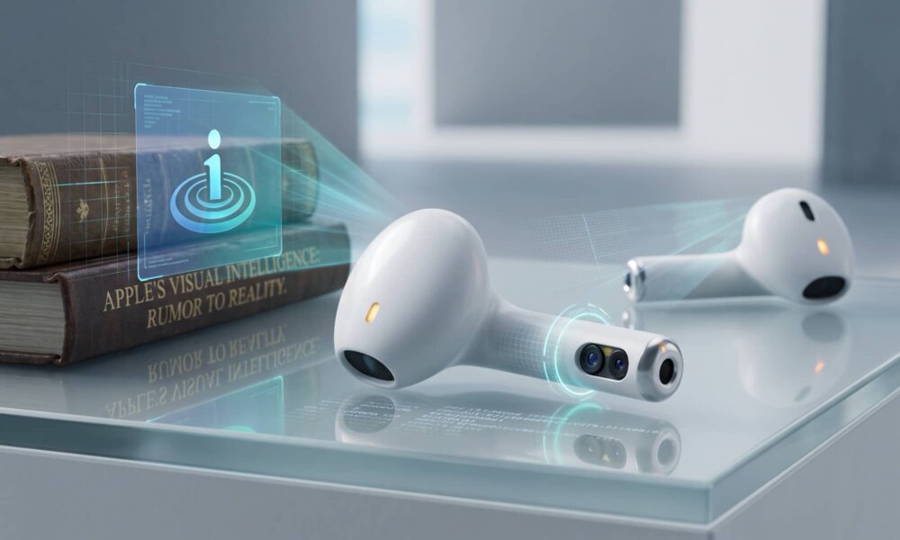 A high-end conceptual photograph of two white wireless earbuds resembling Apple AirPods resting on a reflective glass surface. The foreground earbud clearly displays a dual-camera lens array and an active amber indicator light on its stem. A glowing blue holographic interface projects an 'i' icon and scanning rings over a stack of old books, one of which is titled 'APPLE'S VISUAL INTELLIGENCE: RUMOR TO REALITY.' Data code reflections are visible on the surface.