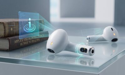A high-end conceptual photograph of two white wireless earbuds resembling Apple AirPods resting on a reflective glass surface. The foreground earbud clearly displays a dual-camera lens array and an active amber indicator light on its stem. A glowing blue holographic interface projects an 'i' icon and scanning rings over a stack of old books, one of which is titled 'APPLE'S VISUAL INTELLIGENCE: RUMOR TO REALITY.' Data code reflections are visible on the surface.