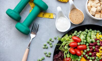 healthy food and hand weights