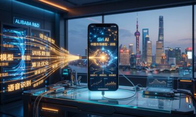 A conceptual 16:9 featured image. A next-generation iPhone rests on a futuristic lab workbench. Its screen displays a neural network converging into a central core that glows with Chinese characters. Data streams flow from a server rack into the iPhone. Through a large window, a futuristic Shanghai skyline is visible at dusk.