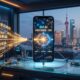 A conceptual 16:9 featured image. A next-generation iPhone rests on a futuristic lab workbench. Its screen displays a neural network converging into a central core that glows with Chinese characters. Data streams flow from a server rack into the iPhone. Through a large window, a futuristic Shanghai skyline is visible at dusk.