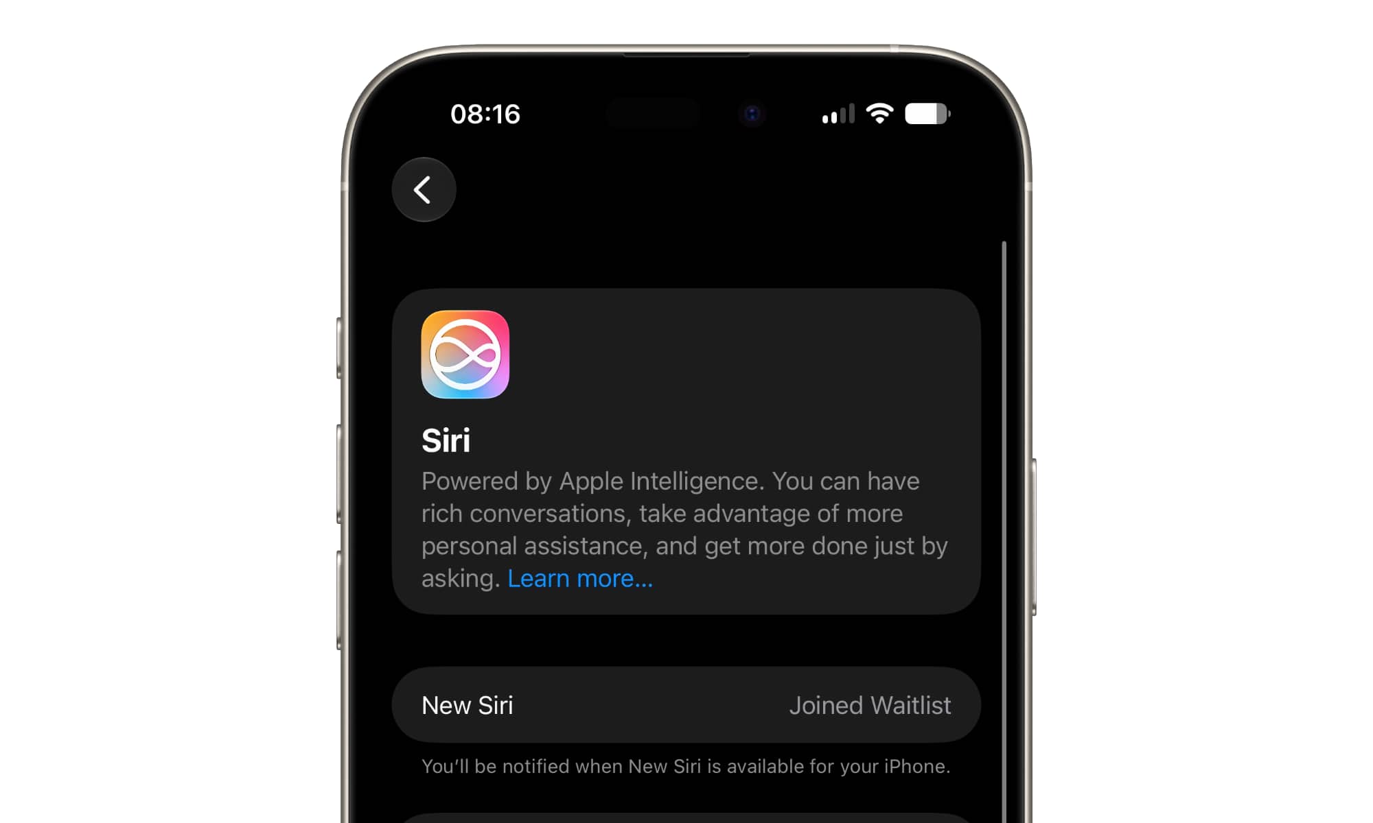 An iPhone showing the New Siri waitlist status in iOS 27.
