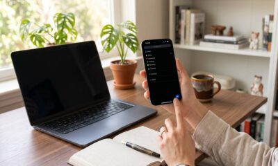 A close-up of a hand holding an iPhone, pointing at the Cultured Code Things 3 productivity app in dark mode. The screen shows lists for 'Inbox', 'Today', and a specialized 'iDrop' project. The setting is a cozy remote work office with natural light.