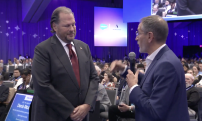 Adecco Group CEO Denis Machuel speaks with Salesforce CEO Marc Benioff at the Dreamforce 2026 keynote.