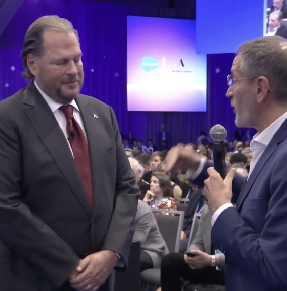 Adecco Group CEO Denis Machuel speaks with Salesforce CEO Marc Benioff at the Dreamforce 2026 keynote.
