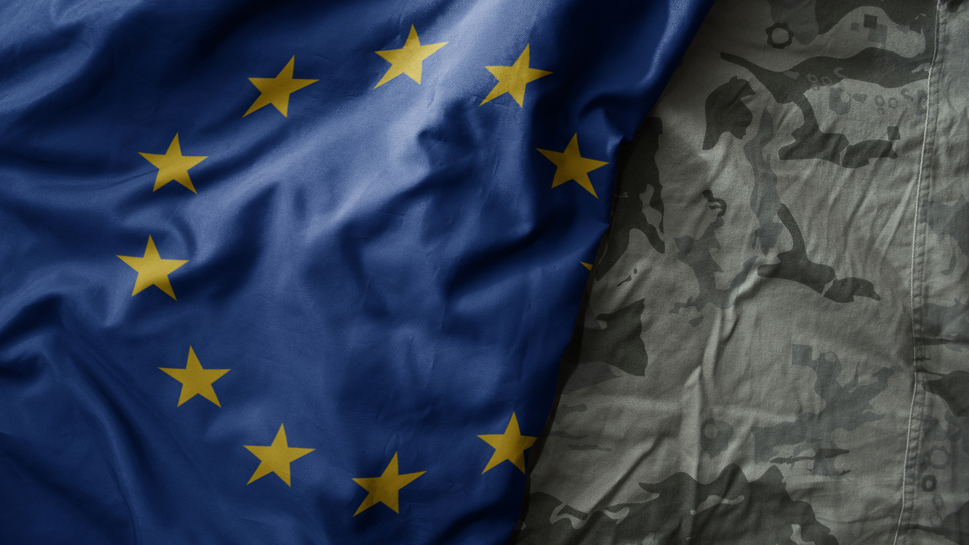 colourful waving flag of european union on the old khaki texture background. military concept.