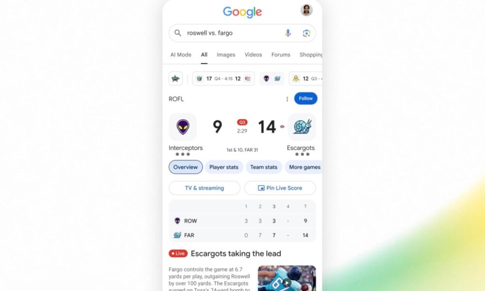 Google search embraces live NFL football