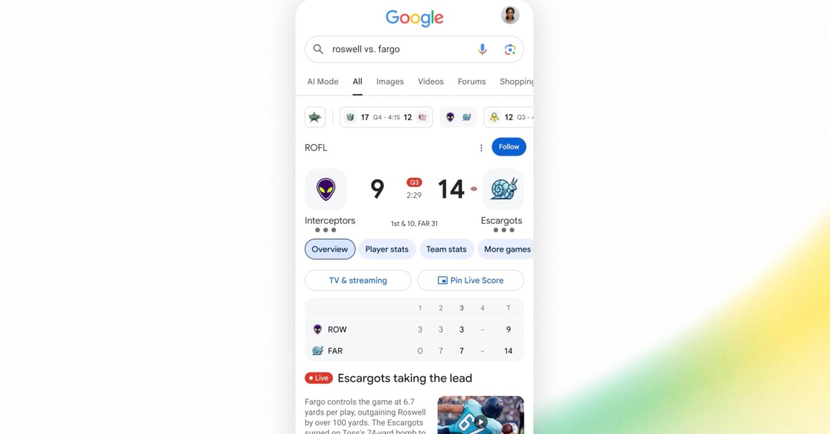 Google search embraces live NFL football