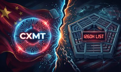 Conceptual illustration of the Pentagon and Chinese memory supplier CXMT divided by broken circuits, symbolizing their blacklist legal battle.